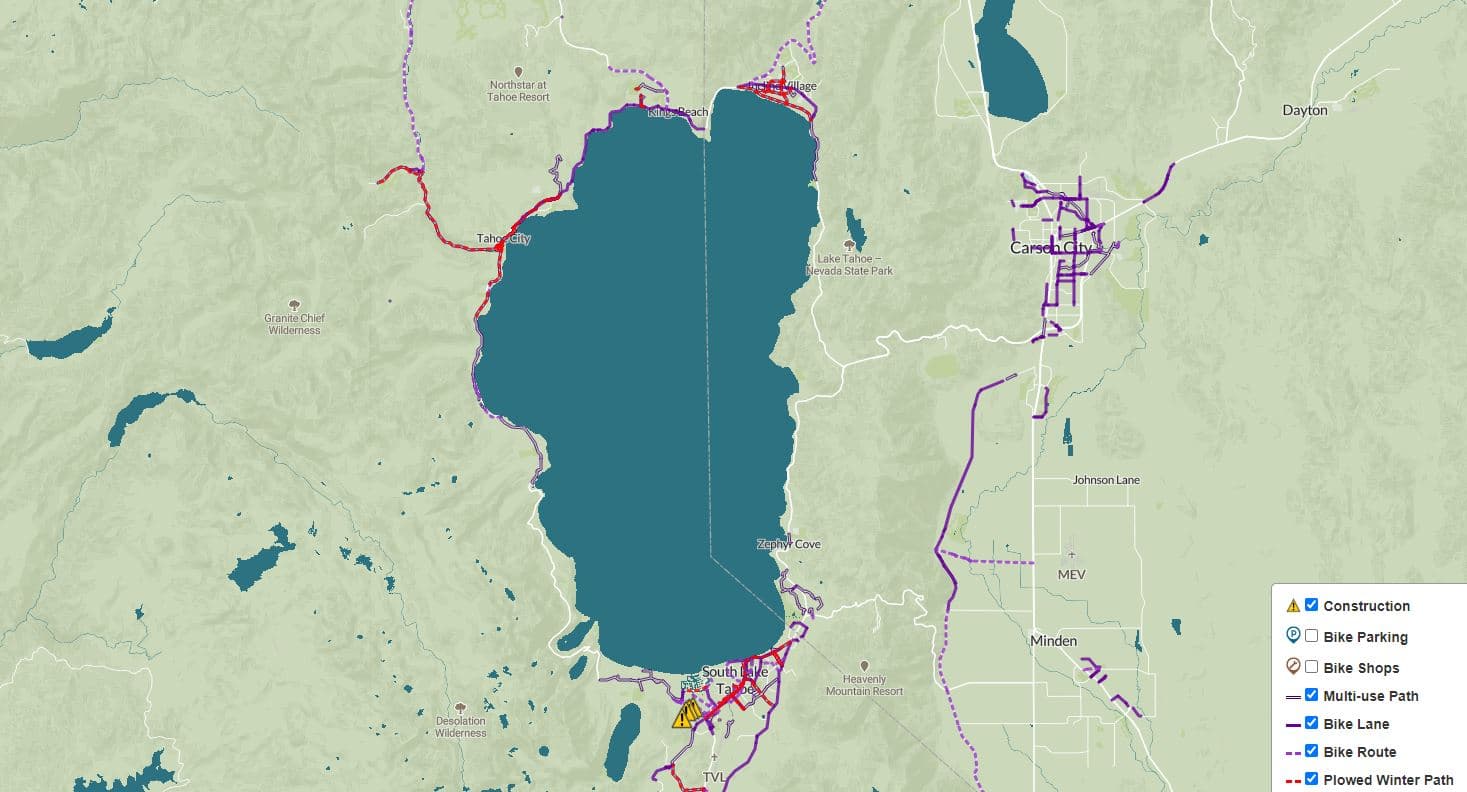 Screenshot of the interactive Lake Tahoe Bikeways Map